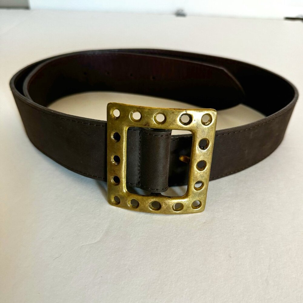 Tracy Watts Women's Brown Leather Belt Sz L  Aged Brass Buckle Hardware